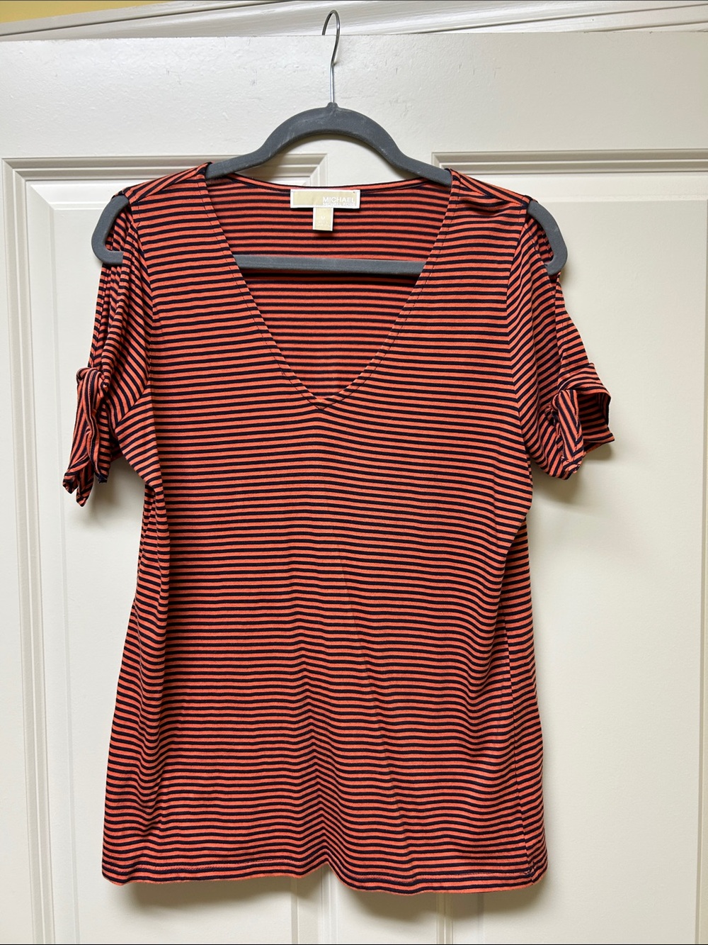 Michael Kors Rust and Black Striped V-Neck Short Sleeve Tee with Sleeve Ties